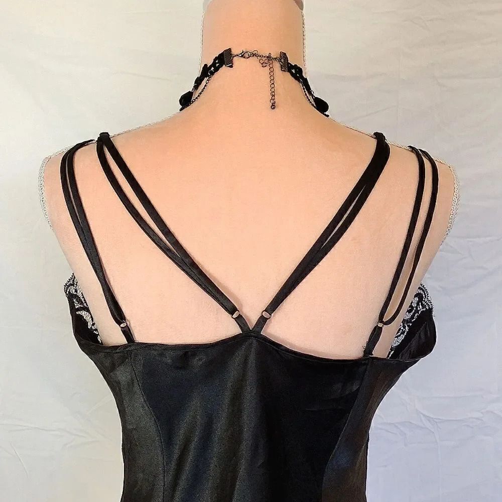 Victoria's Secret VTG 90s Black Satin Strappy Lace Top Mini Slip Dress Large - Picture 11 of 15